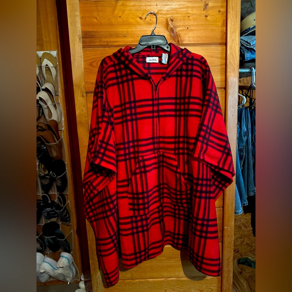 Le Moda Red and Black Plaid pullover or zip hooded cape with open arm holes